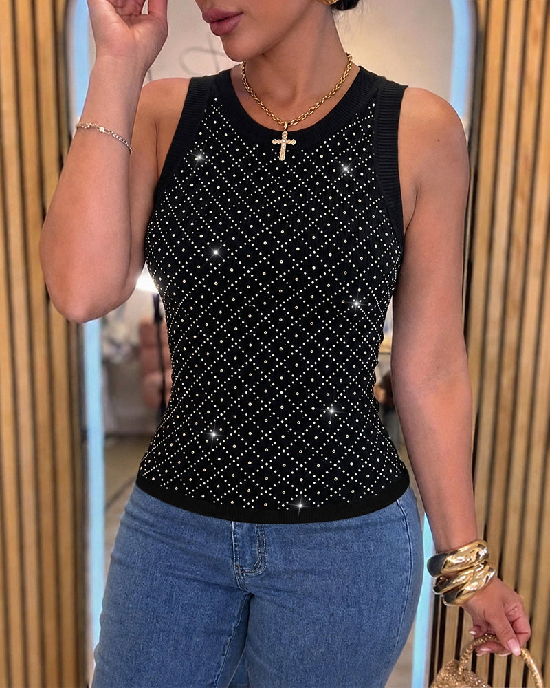 Women's Rhinestone Argyle Pattern Ribbed Tank Top Slim Fit Top