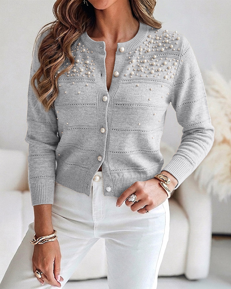 Women's Pearl Beaded Knit Cardigan Elegant Hollow Out Crop Sweater Casual Button Down Coat