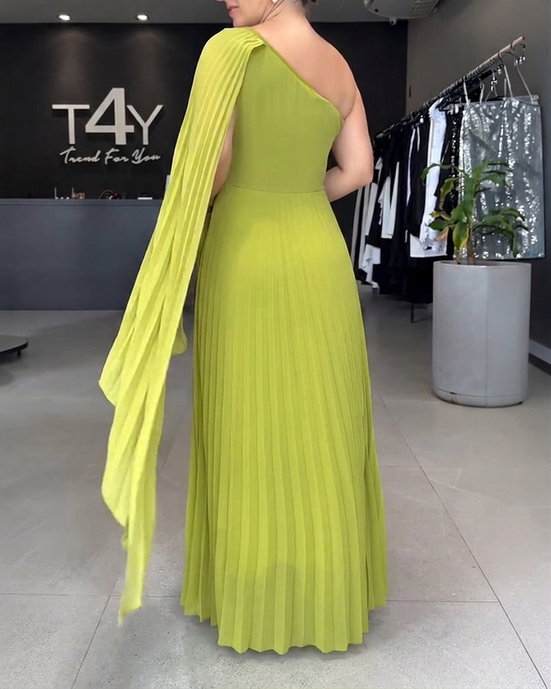 CHICME Women's One-Shoulder Pleated Maxi Dress Asymmetric Draped Cape Sleeve Twist Front Party Dress Elegant High-Waist Evening Dress