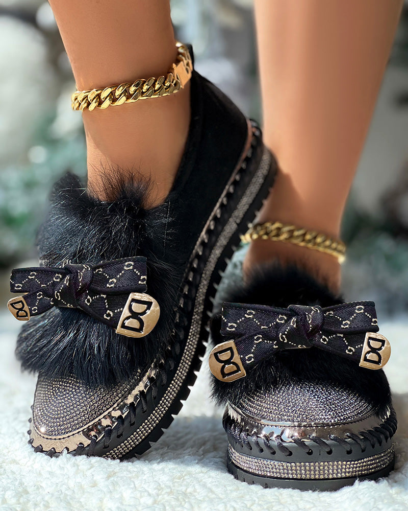 Rhinestone Bowknot Design Platform Fuzzy Slip-On Loafers