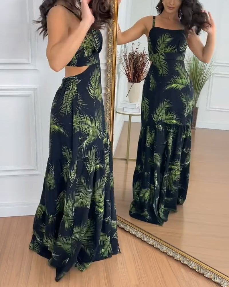 Women's Tropical Print Ruffle Hem Maxi Dress Sexy Cutout Adjustable Strap Slit Beach Vacation Dress