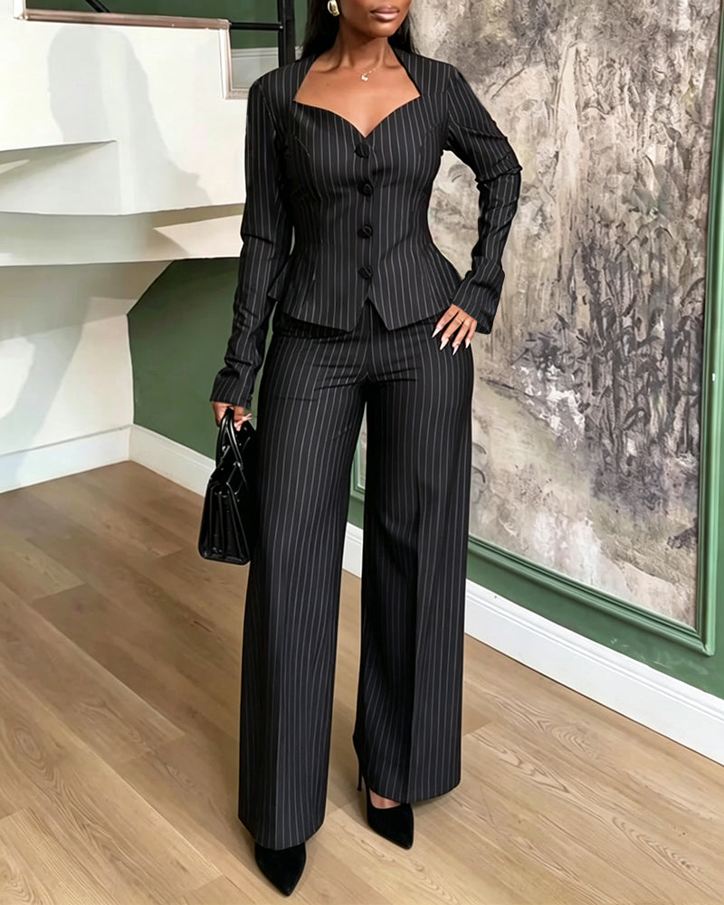 Women's 2 Piece Stripe Suit Elegant Sweetheart Neck Peplum Blazer and High Waisted Wide Leg Pants Business Outfits