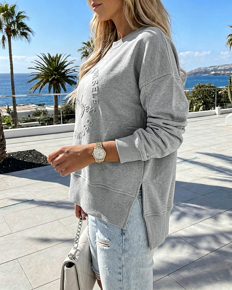 Women's Loose Crewneck Sweatshirt Embossed Letter Print Pullover Top Casual Side Slit Top