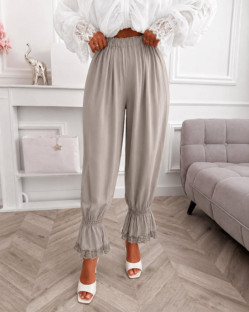 Women's Lace Patchwork Pants Elastic High Waist Hollow Out Ruffle Hem Lantern Trousers Casual Loose Lounge Pants