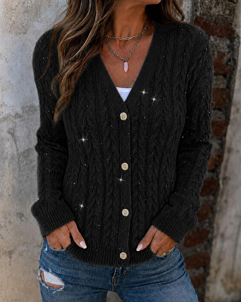 Women's Sequin Cable Knit Cardigan V Neck Button Down Slim Fit Long Sleeve Sweater