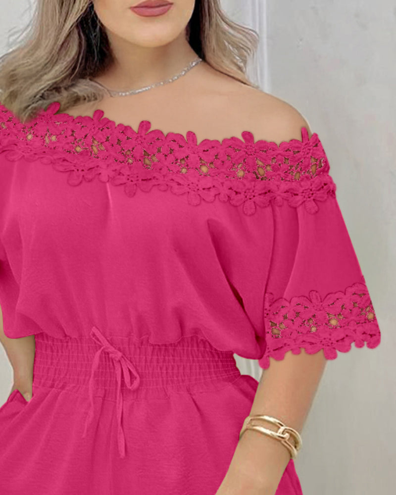 Women's Lace Off Shoulder Romper Shirred Waist Tied Detail Textured Short Jumpsuit with Pockets