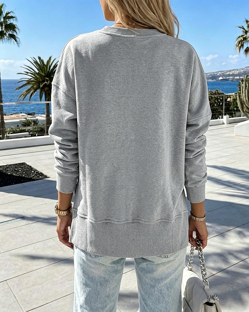Women's Loose Crewneck Sweatshirt Embossed Letter Print Pullover Top Casual Side Slit Top