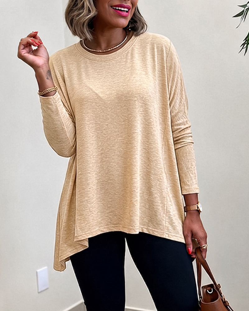 Women's Asymmetric Hem Long Sleeve Top Loose Fit Dropped Shoulder Crewneck Soft Slouchy Casual Tee