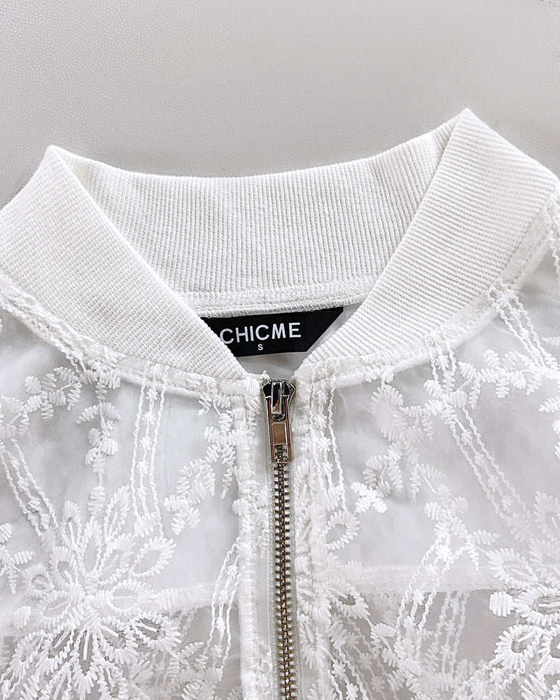 Floral Lace Embroidered Mesh Patchwork High-Low Hem Baseball Coat Casual Side Slit Zip Up Bomber Jacket