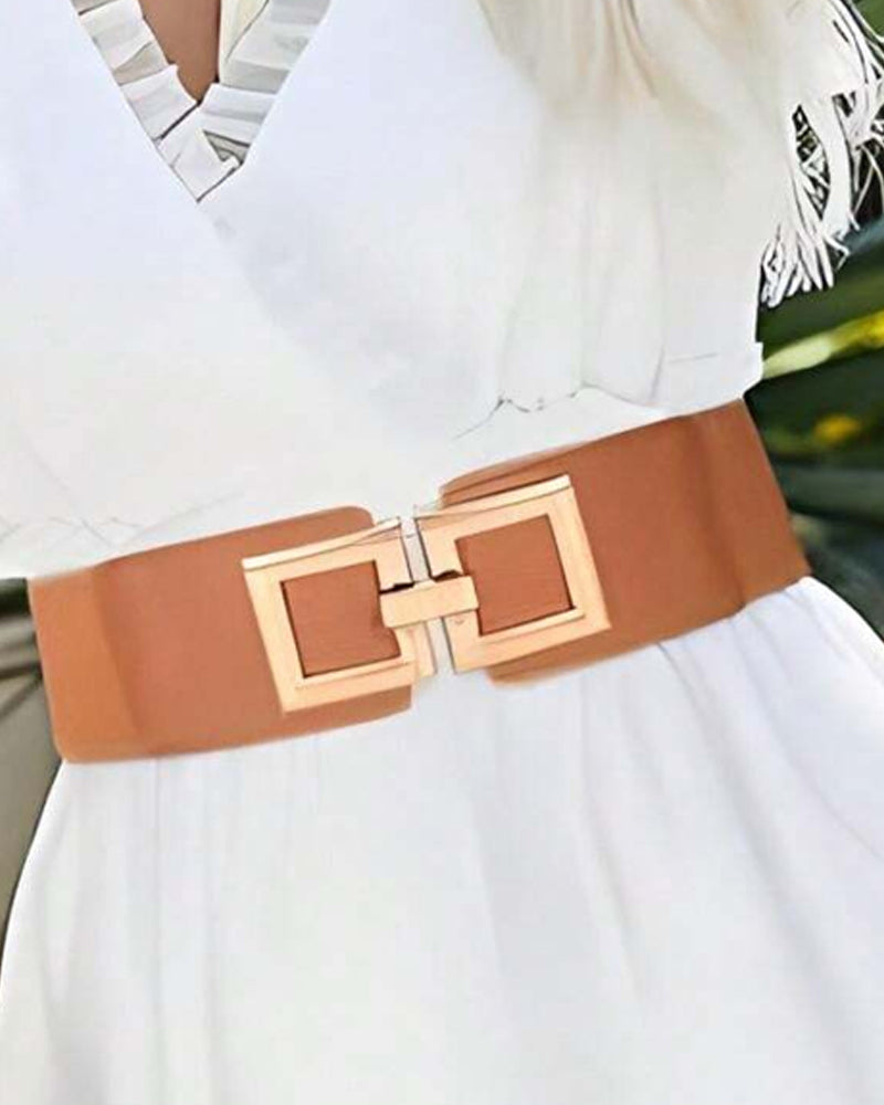 Wide Elastic Belt Fashion Square Gold Buckle Stretch Dress Belt Waistband