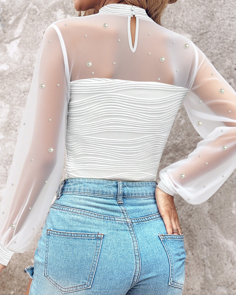 Pearls Decor Mock Neck Sheer Mesh Spliced Ruched Tee Hollow-out Back Slim Fit Textured Top