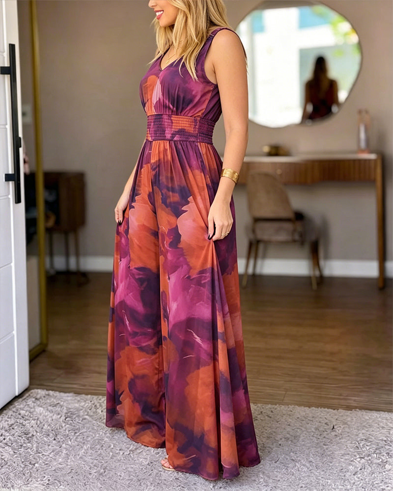 Women's Tie Dye Print Mesh Jumpsuit V Neck Shirred Waist Wide Leg Overalls Backless Sleeveless Jumpsuit with Pockets