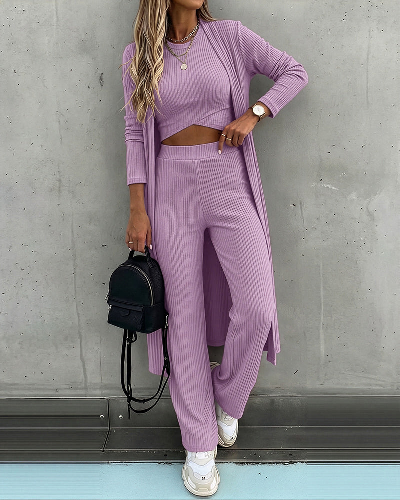 CHICME ESSENCE Women's 3 Piece Knit Set Long Cardigan Criss Cross Crop Tank Top and Wide Leg Pants Casual Ribbed Brushed Lounge Set