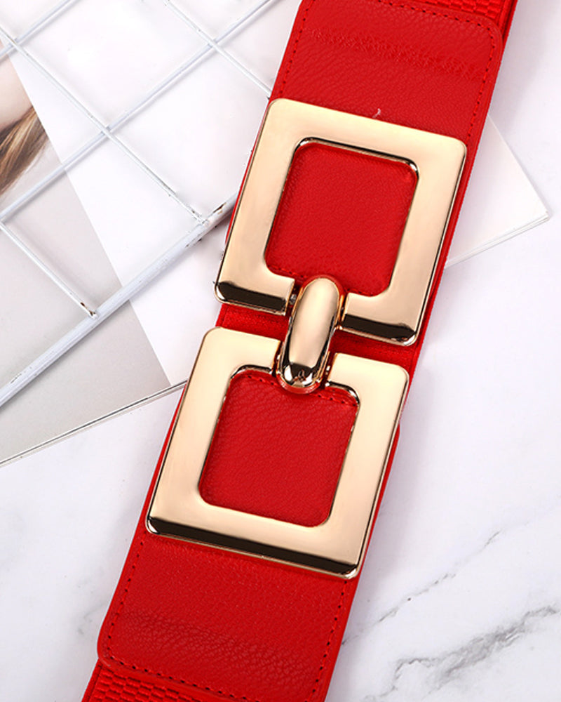 Wide Elastic Belt Fashion Square Gold Buckle Stretch Dress Belt Waistband