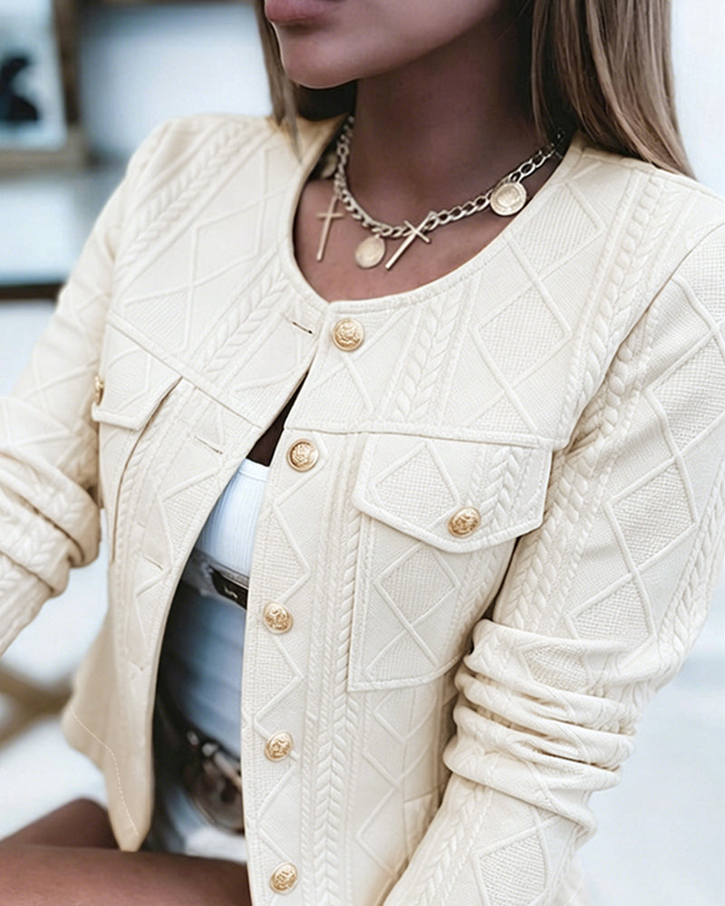 Women's French Style Cropped Jacket Round Neck Gold Button Coat Argyle Cable Jacquard Knit Outerwear