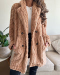 Cable Textured Lapel Neck Button Front Pocket Design Thermal Teddy Coat