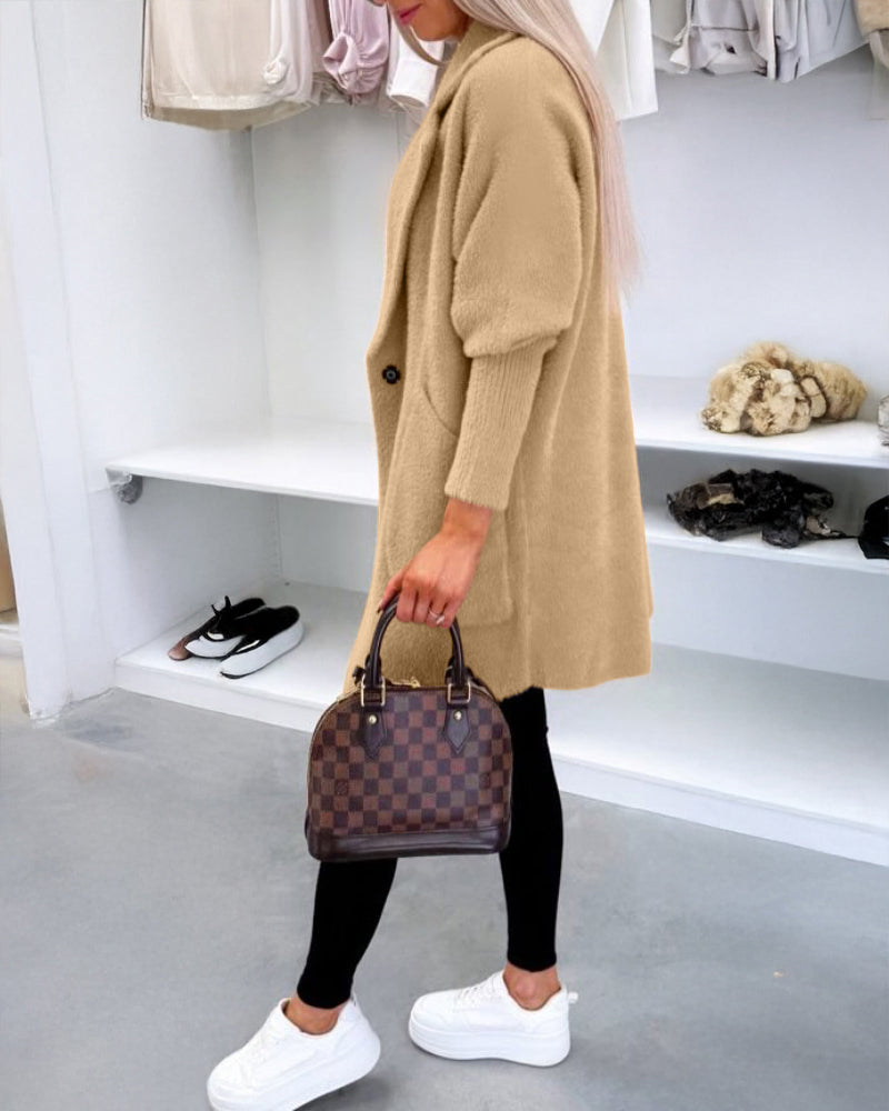 Notched Collar Long Sleeve Single Breasted Coat Casual Mid-legth Fuzzy Coat with Pockets