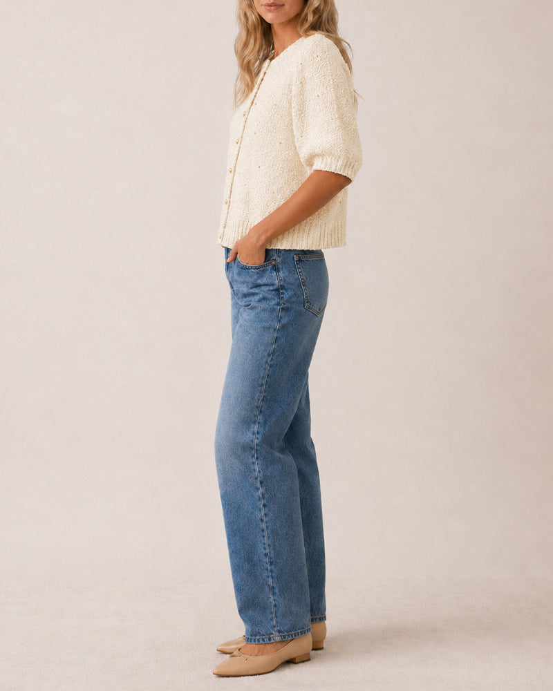 Women's Boucle Knit Cardigan Gold Beaded Puff Sleeve Sweater Crewneck Button Up Elegant Crop Outerwear