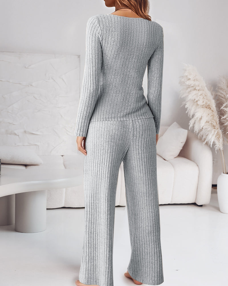 Women's Ribbed Knit Lounge Set Lace Trim Square Neck Long Sleeve Top and Straight Leg Drawstring Pants with Pockets
