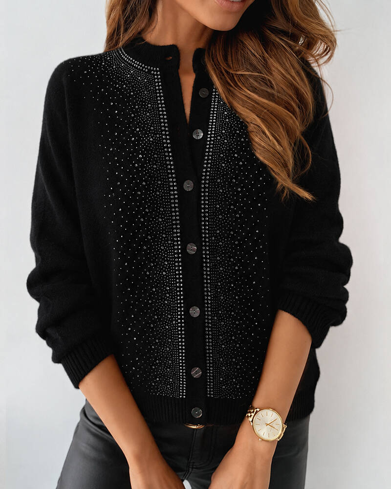Women's Rhinestone Crewneck Knit Cardigan Button Down Long Sleeve Sweater Top