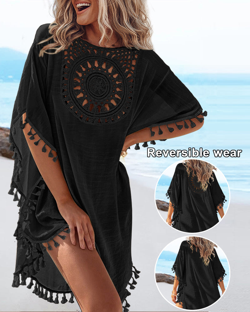 Women's Front & Back Reversible Beach Cover Up Crochet Lace Hollow Out Spliced Tassel Vacation Caftan Dress