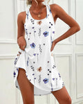 Allover Watercolor Floral Print U-Neck Sleeveless Curved Hem Dress Casual Racerback Loungewear Dress