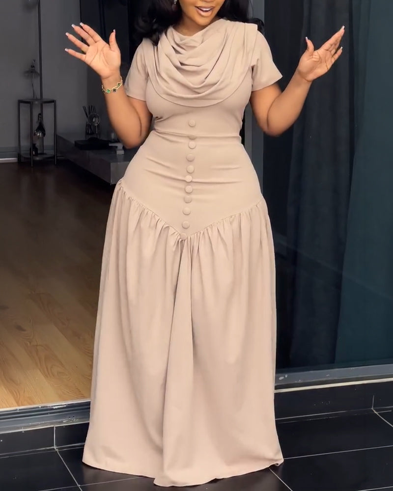 Single Breasted Decor Cowl Neck Short Sleeve Cinched Waist Maxi Dress Elegant Zipper Back Ruched Party Dress