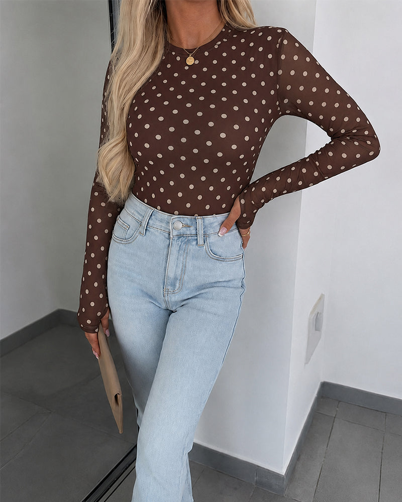Women's Mesh Polka Dot Top Lined Sheer Long Sleeve Tee Crewneck Slim Fit Layering Under Base Top with Thumbholes