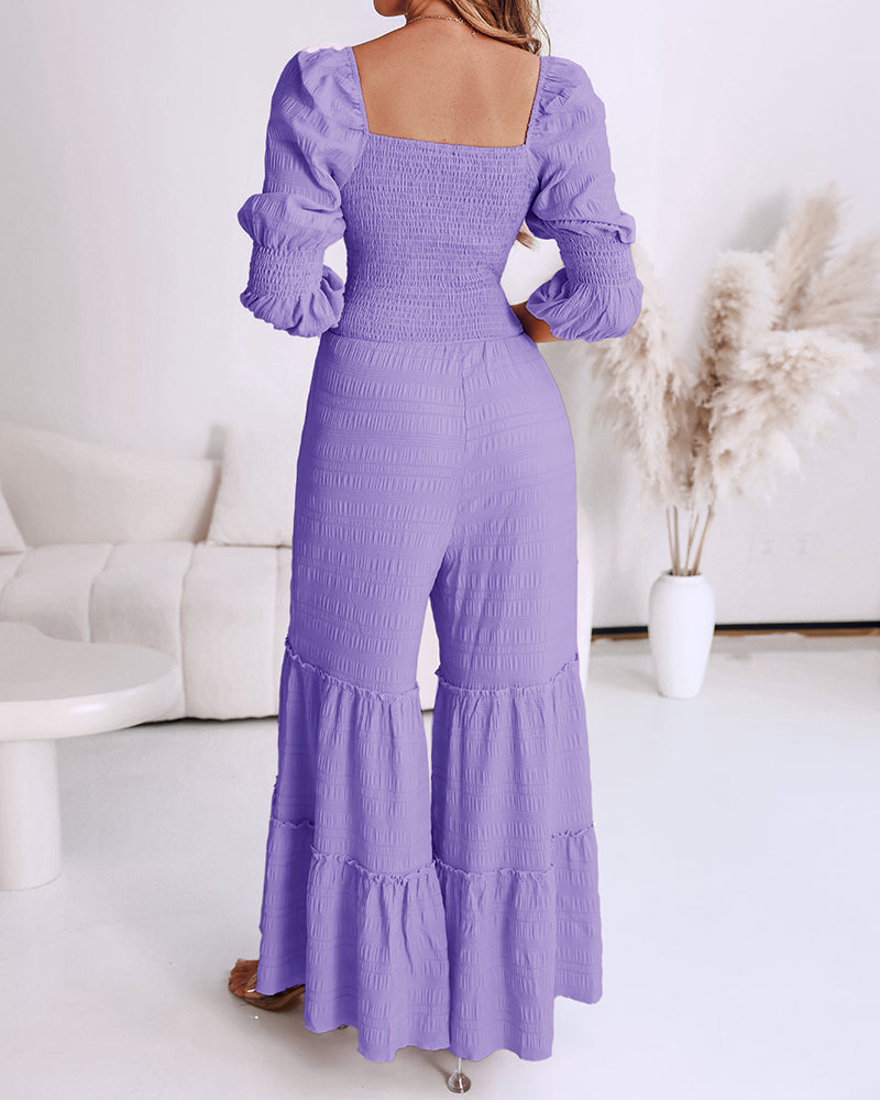 Sweetheart Neck Puff Sleeve Drawstring Front Shirred Overalls Casual Cutout Front Ruffle Hem Wide Leg Jumpsuit