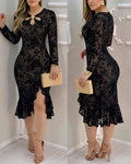 Women's Flocked Mesh Bodycon Dress Hollow-out Long Sleeve Mermaid Dress Slit Ruffle Hem Cocktail Party Dress