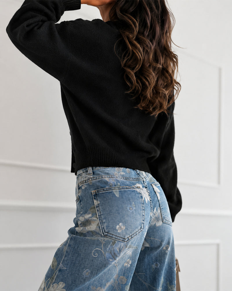 Women's Rhinestone Crewneck Knit Cardigan Button Down Long Sleeve Sweater Top