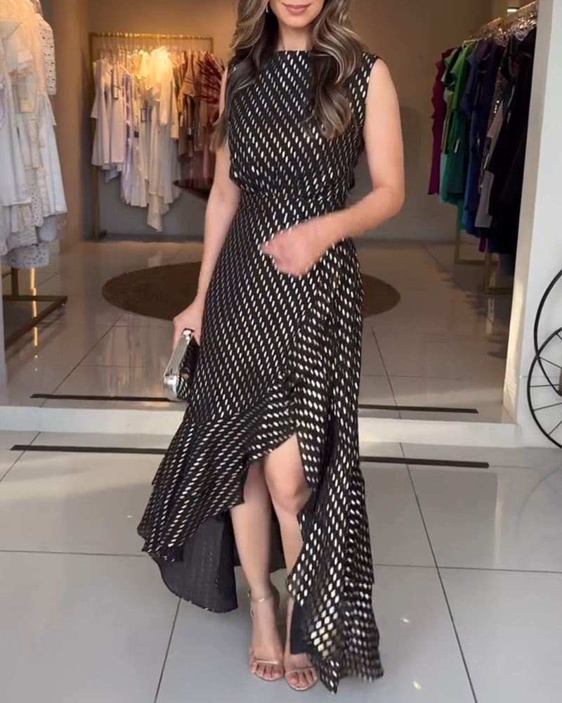 Silver Foil Pattern Sleeveless Cinched Waist Party Dress Elegant Asymmetrical Ruffles Slit Evening Dress