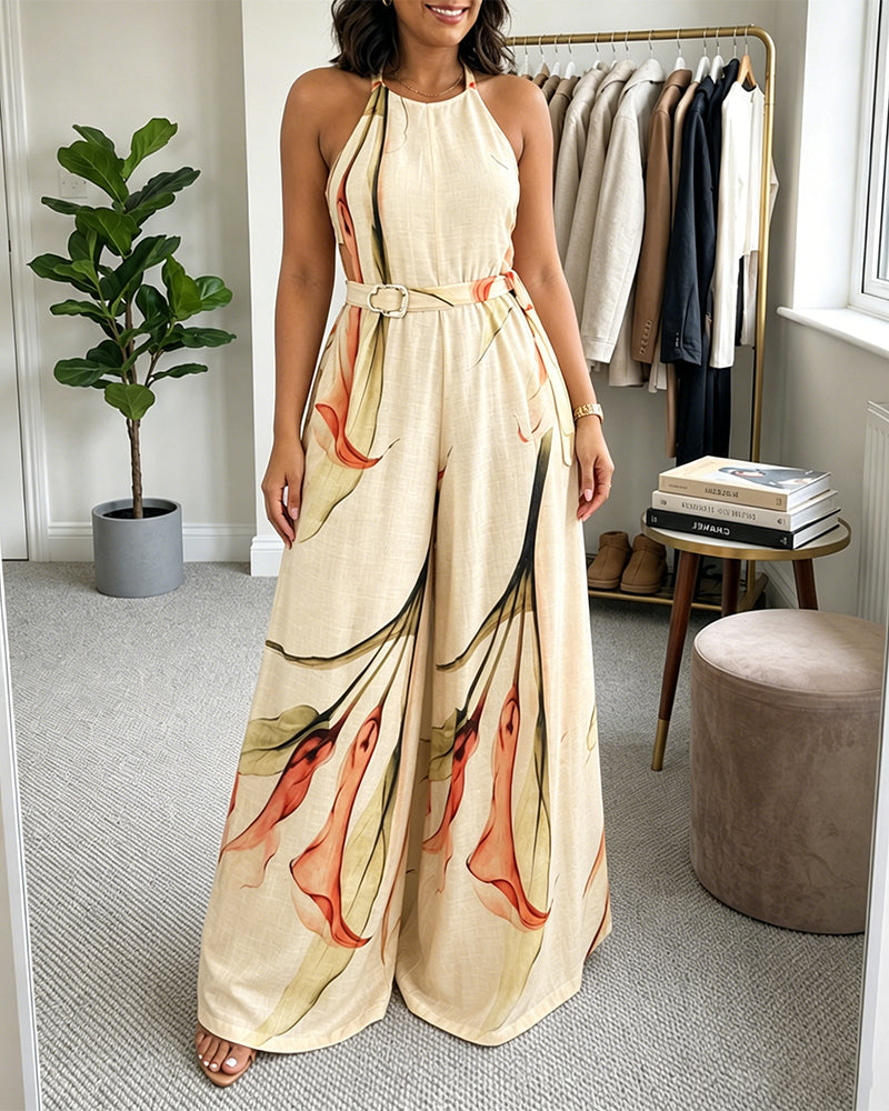 Women's Elegant Ink Floral Print Wide Leg Jumpsuit Casual Sleeveless Vacation Overalls with Belt