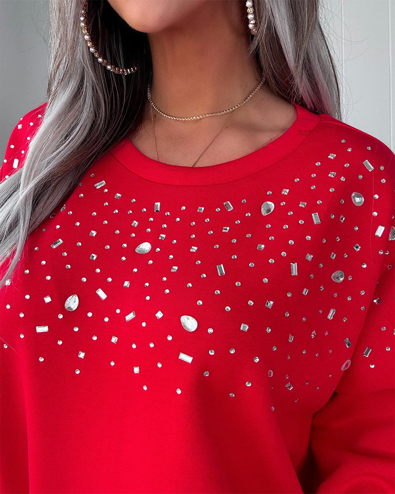 Women's Rhinestone Crewneck Sweatshirt Loose Drop Shoulder Pullover Top