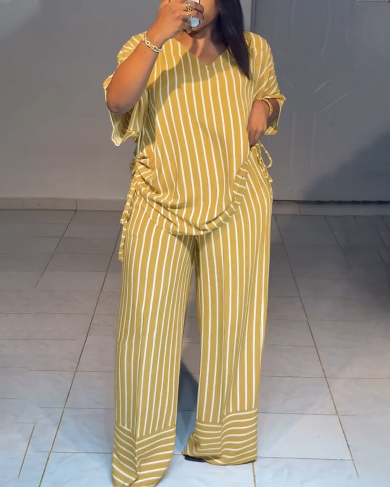 Women's Striped 2 Piece Outfits V Neck Short Sleeve Drawstring Top and Wide Leg Pants Set with Pockets