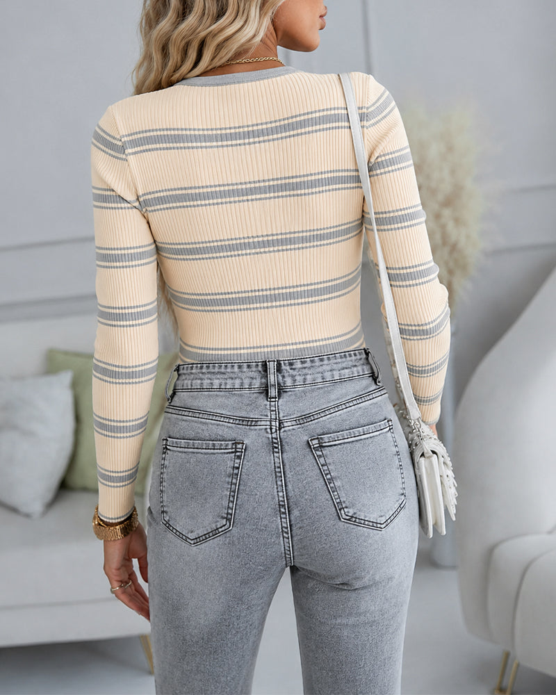 Women's Striped Ribbed Knit Top Slim Fit Long Sleeve Henley Shirt Gold Button Pullover