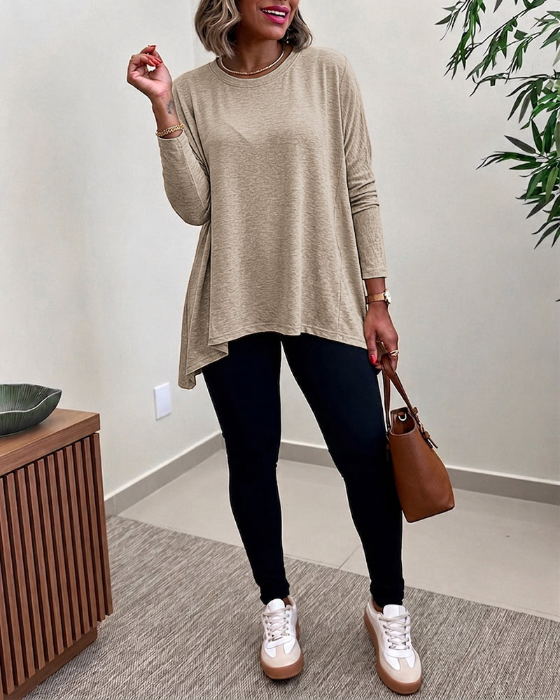 Women's Asymmetric Hem Long Sleeve Top Loose Fit Dropped Shoulder Crewneck Soft Slouchy Casual Tee