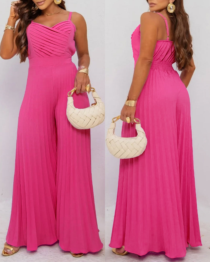 Women's Pleated Wide Leg Jumpsuit Spaghetti Strap High Waisted Shirred Backless Flared Overalls