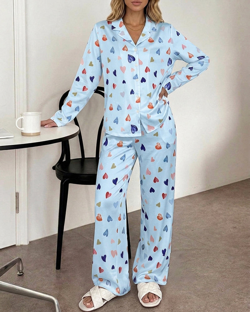 CHICME ESSENCE Women's Colorful Heart Print 2 Piece Pajama Set Long Sleeve Button Down Top and High Waisted Pants Casual Lounge Sets