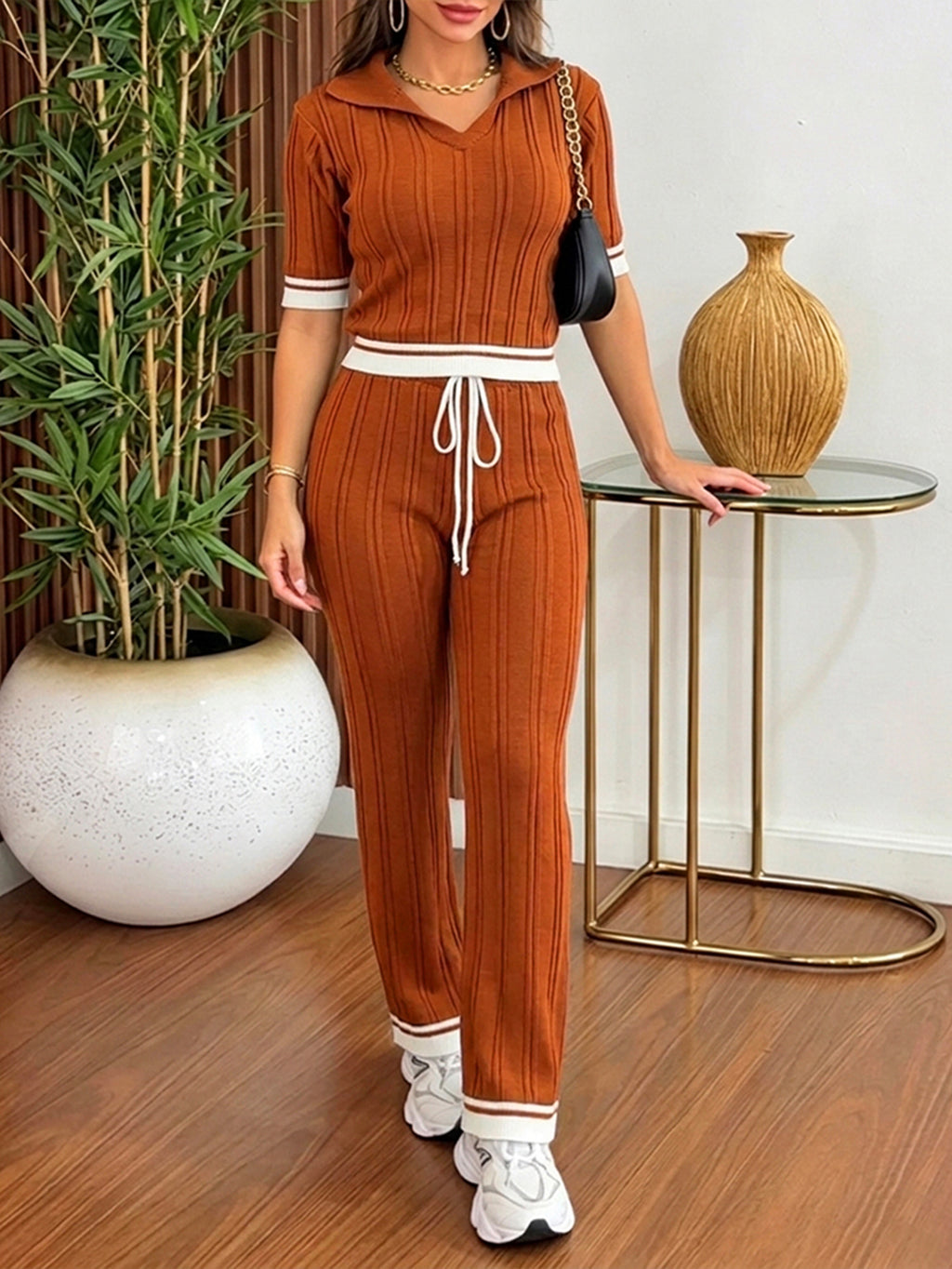 CHICME ESSENCE Women's Two Piece Knit Set Contrast Binding Short Sleeve and Drawstring Straight Leg Pants Casual Lounge Set