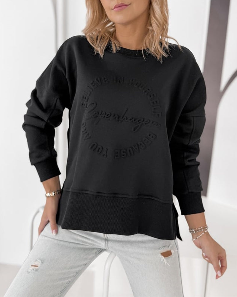 Women's Loose Crewneck Sweatshirt Embossed Letter Print Pullover Top Casual Side Slit Top