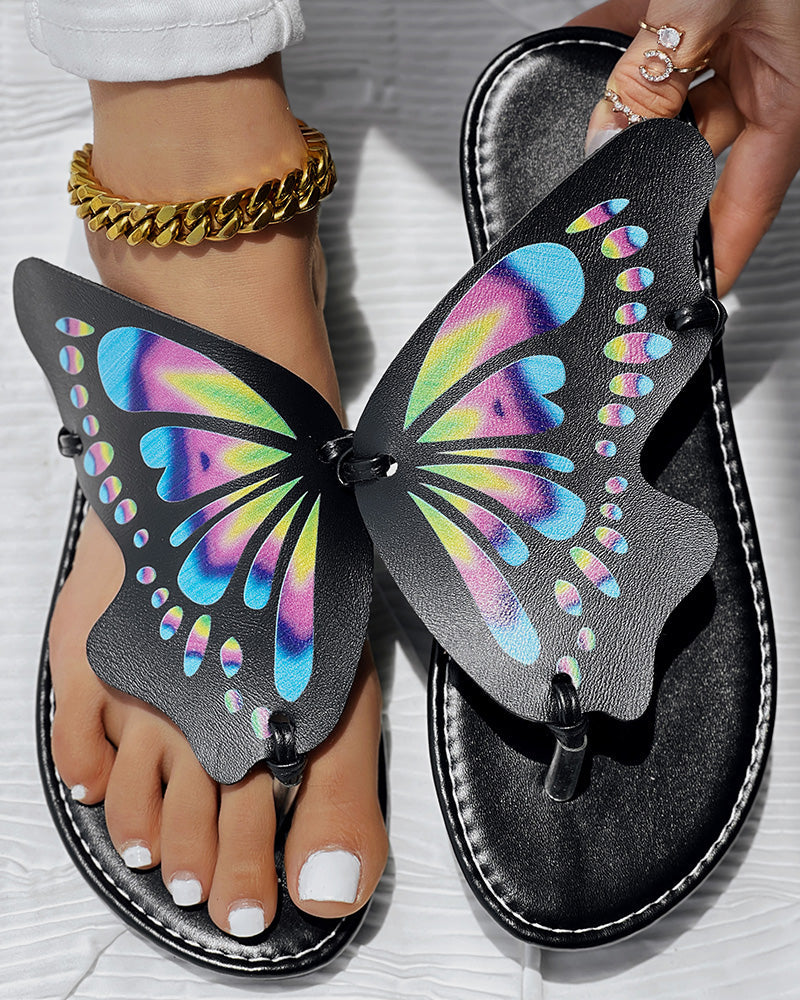 Colorblock Butterfly Print Toe Post Slippers