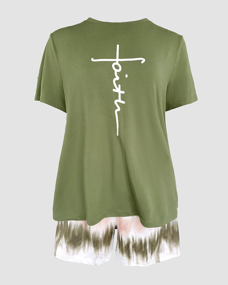 2 Pieces Outfit Graphic Pattern Short Sleeve Top and Casual Tie Dye Print Pants Set