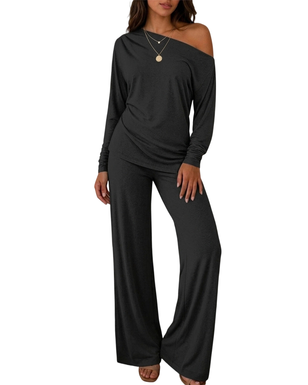 CHICME ESSENCE Women's 2 Piece Lounge Set Skew Neck Ruched Asymmetric Hem Long Sleeve Top and Wide Leg Pants Matching Outfit