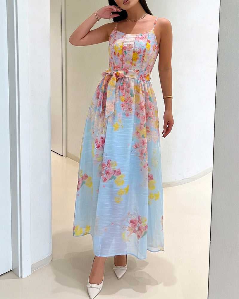 CHICME Women's Watercolor Floral Cami Dress Adjustable Straps High Waist A-Line Maxi Dress with Matching Belt