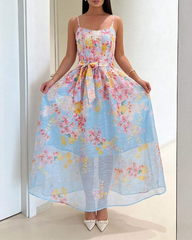 CHICME Women's Watercolor Floral Cami Dress Adjustable Straps High Waist A-Line Maxi Dress with Matching Belt