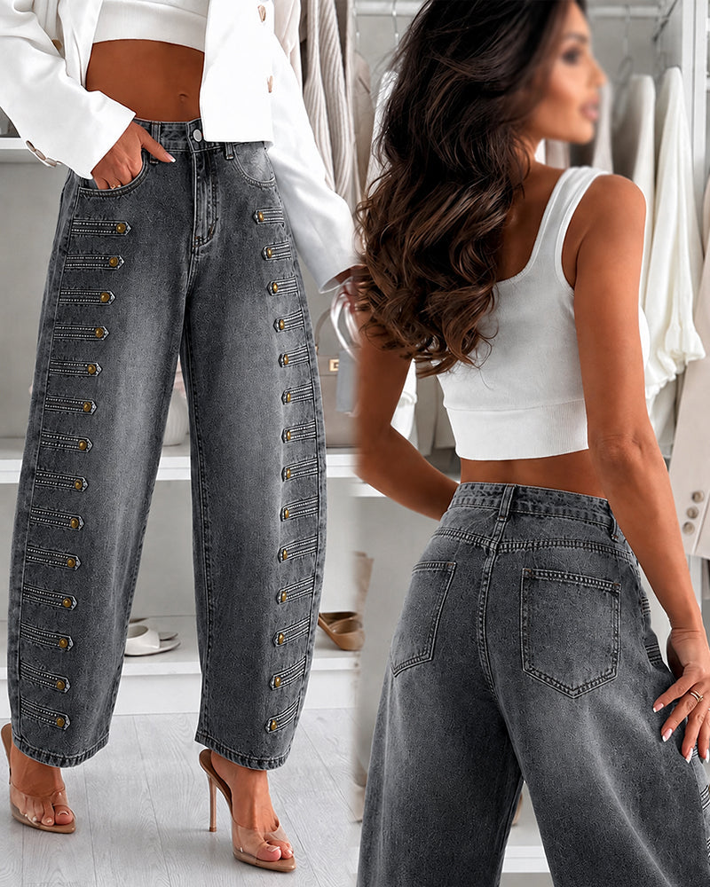 Women's Wide Leg Jeans High Waisted Side Button Denim Pants Distressed Washed Trousers Retro Y2K Streetwear