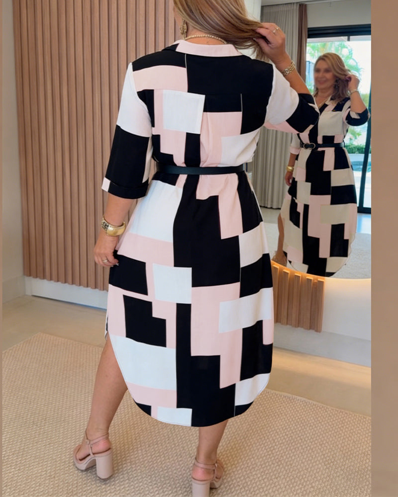 Women's Colorblock Geometric Shirt Dress Casual Three-Quarter Sleeves Asymmetrical Hem Commuting Dress with Belt