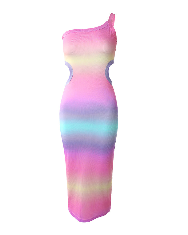Ombre One Shoulder Cutout Ribbed Bodycon Dress