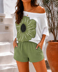 Women's 2 Piece Lounge Set Floral Print Boat Neck Top and Shorts Casual Pajamas Set